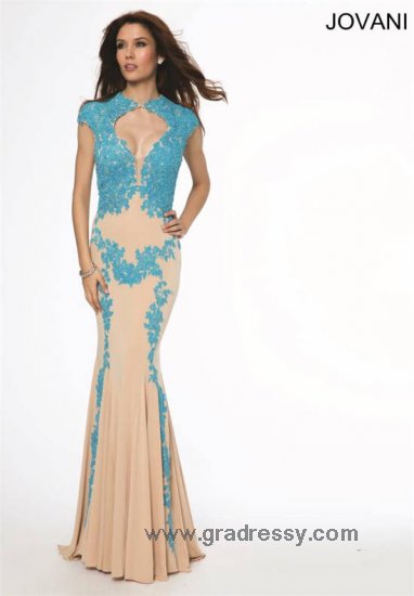 Jovani 89902 Nude Blue Lace Plunging Neck Evening Gowns 2015